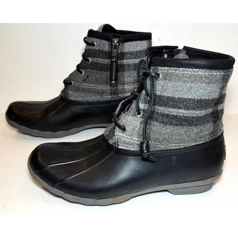 Sperry Saltwater Duck Boots Women’s 7.5 Charcoal Plaid Wool Zip STS86704